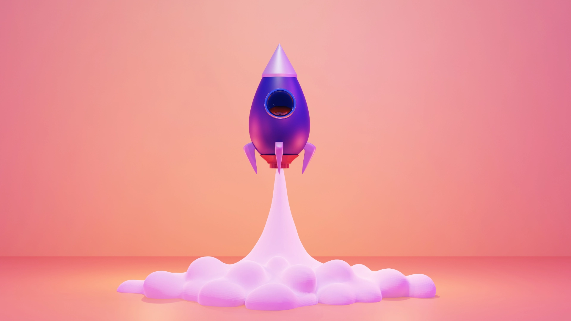 3D rocket on a pink background, taking off