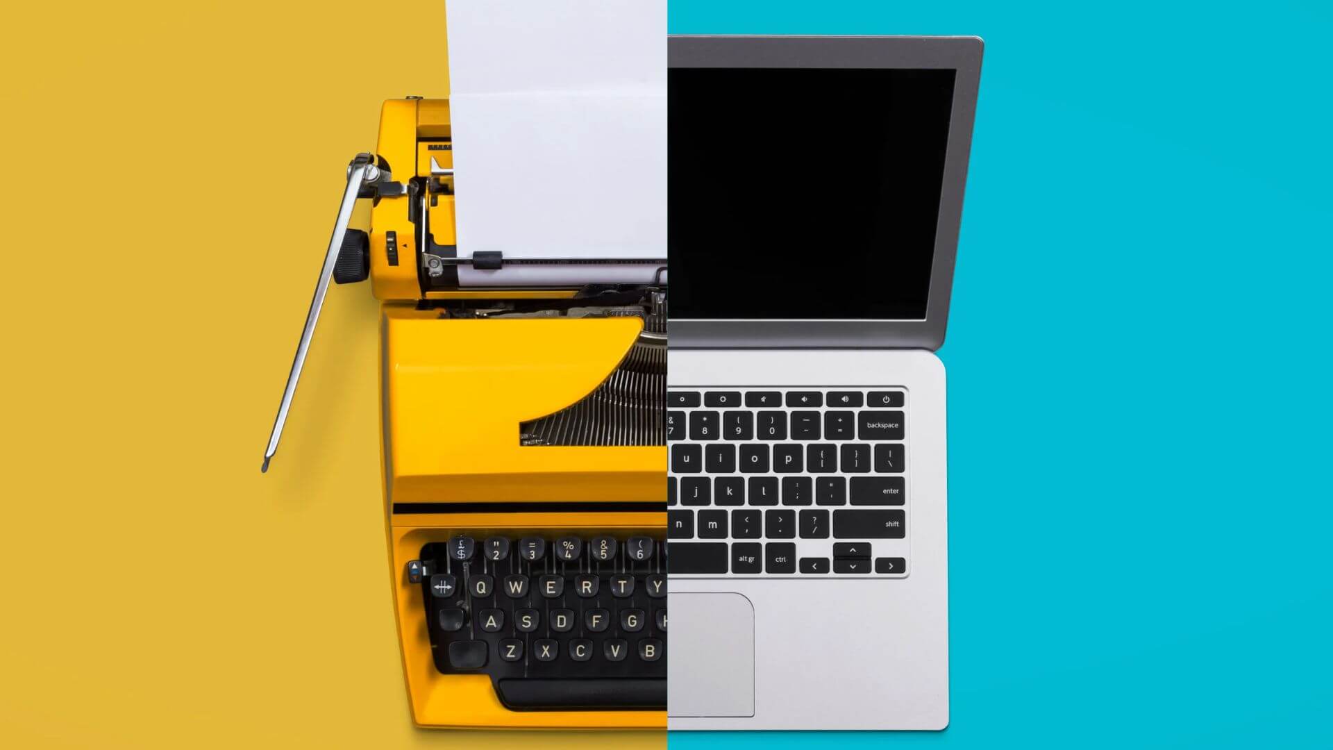 Type writer VS laptop, yellow and blue, different trends