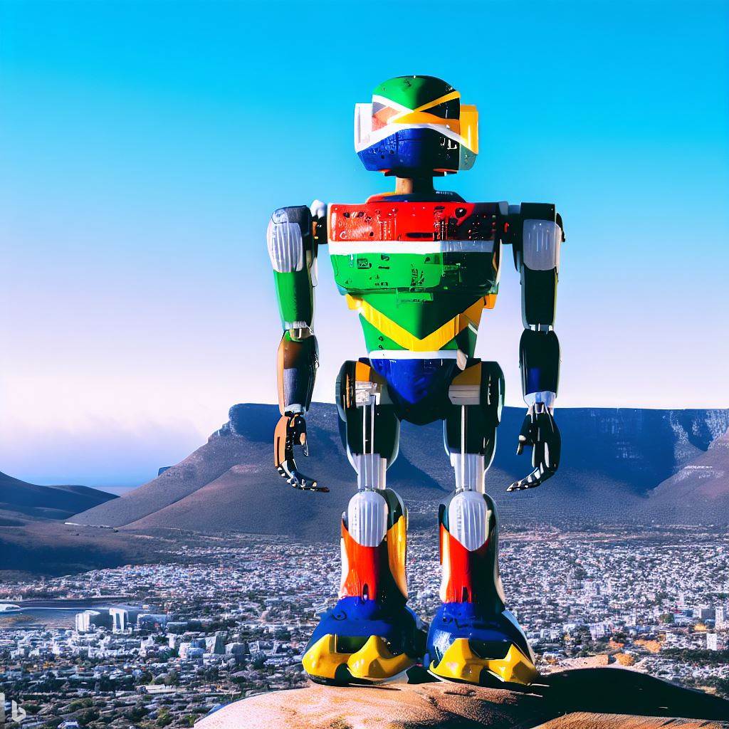 An AI Robot in the theme of South Africa's flag standing on top of table mountain in Cape Town